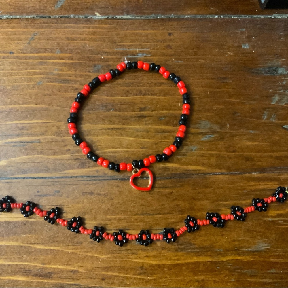Red and Black Beaded Heart Bracelet Set Valentines gift